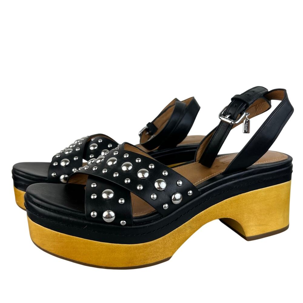 COACH Black Leather Wooden Sole Astor Clog Studded Ankle Strap Sandals (Sz 9)